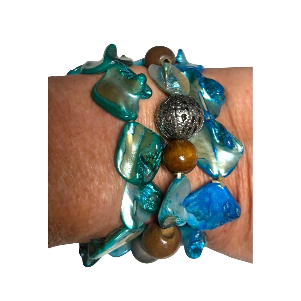 Blue‎ Mother of Pearl Shell Stretch Bracelet Set 3PC Boho Wood Filigree Teal